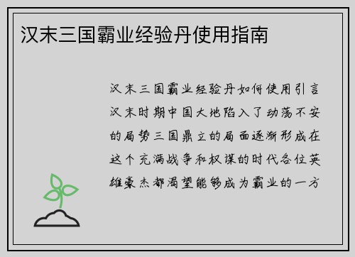 汉末三国霸业经验丹使用指南