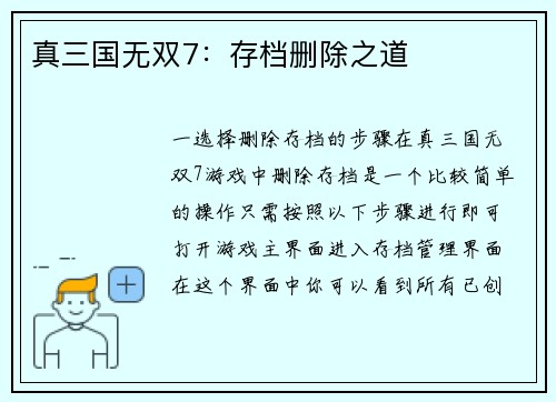 真三国无双7：存档删除之道
